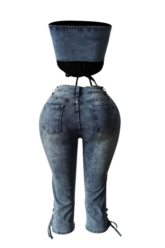 Denim Corset Top Lace-Up & Mid-Thigh Shorts Set Lavish Daily