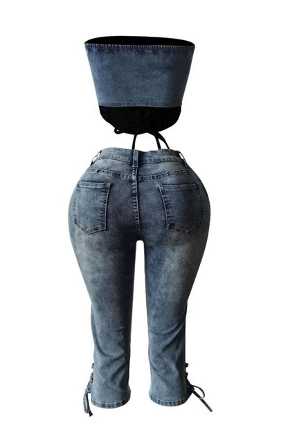 Denim Corset Top Lace-Up & Mid-Thigh Shorts Set Lavish Daily